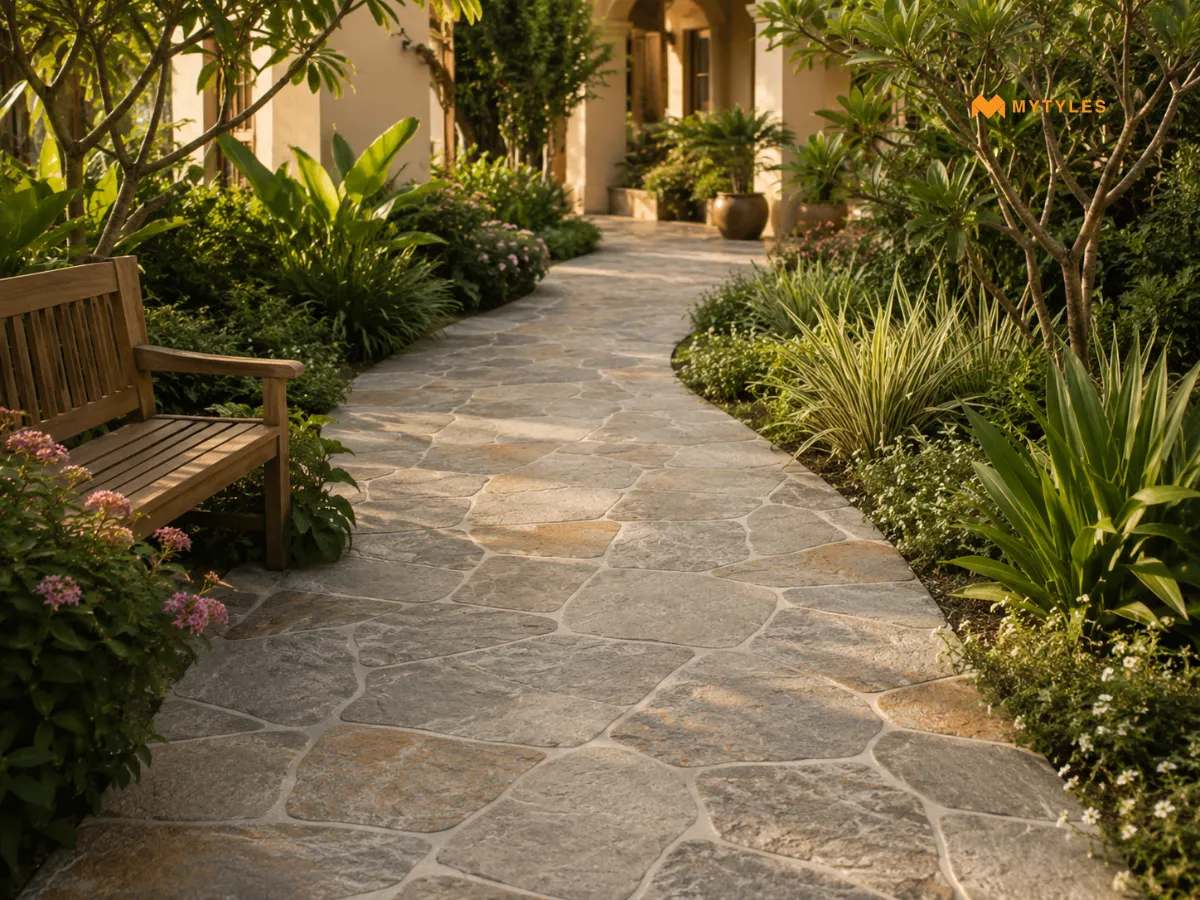 Beige Stone look Parking Tile in Garden Walkway